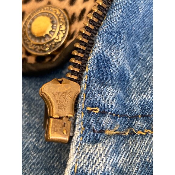 Vintage St. Maarten Dallas Denim Skirt Set Small Vest & Mini Skirt Leopard Trim - Picture 12 of 13